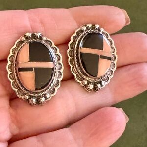 Vintage Zuni Native American Onyx & Coral Stamped Sterling Silver Post Earrings